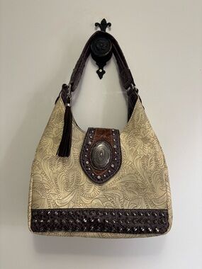 Embossed Floral Western Bag with Studded Trim - Cream & Dark Brown